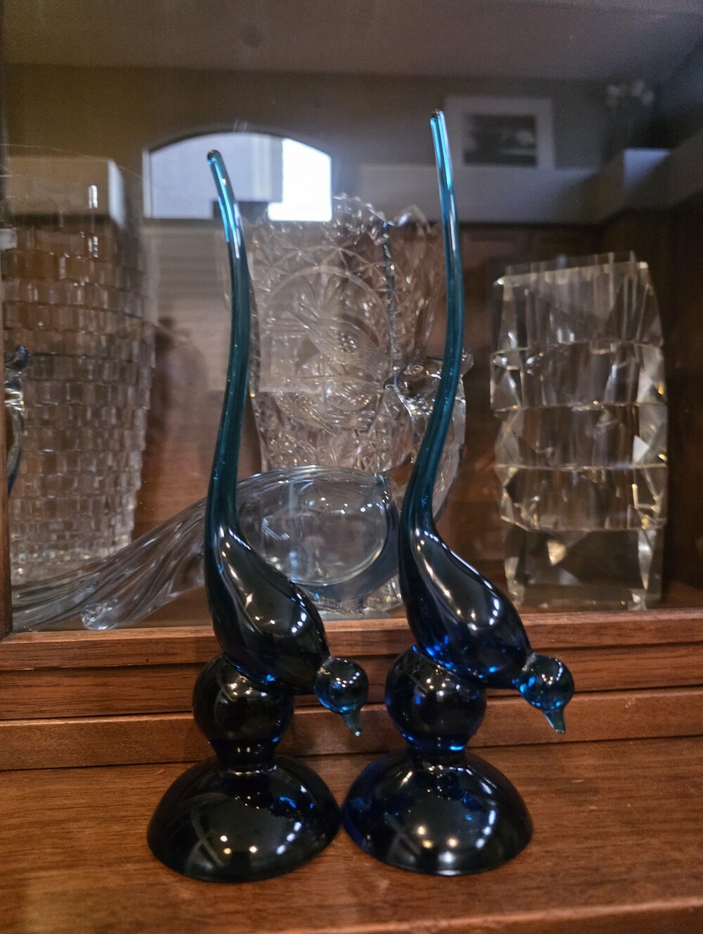 Handblown Blue Glass Bird Figurines - Pair